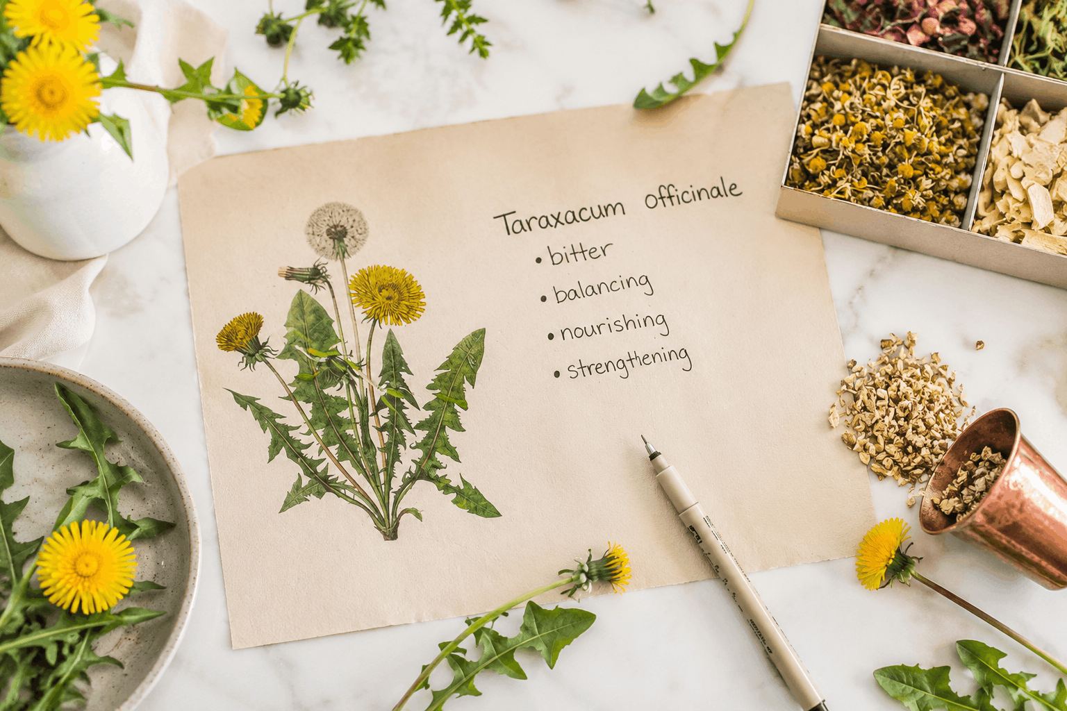 A hand-drawn dandelion (Taraxacum officinale) reference page with handwritten notes, surrounded by fresh dandelions and dried herbs on a marble surface