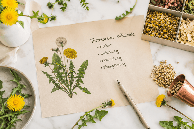 A hand-drawn dandelion (Taraxacum officinale) reference page with handwritten notes, surrounded by fresh dandelions and dried herbs on a marble surface