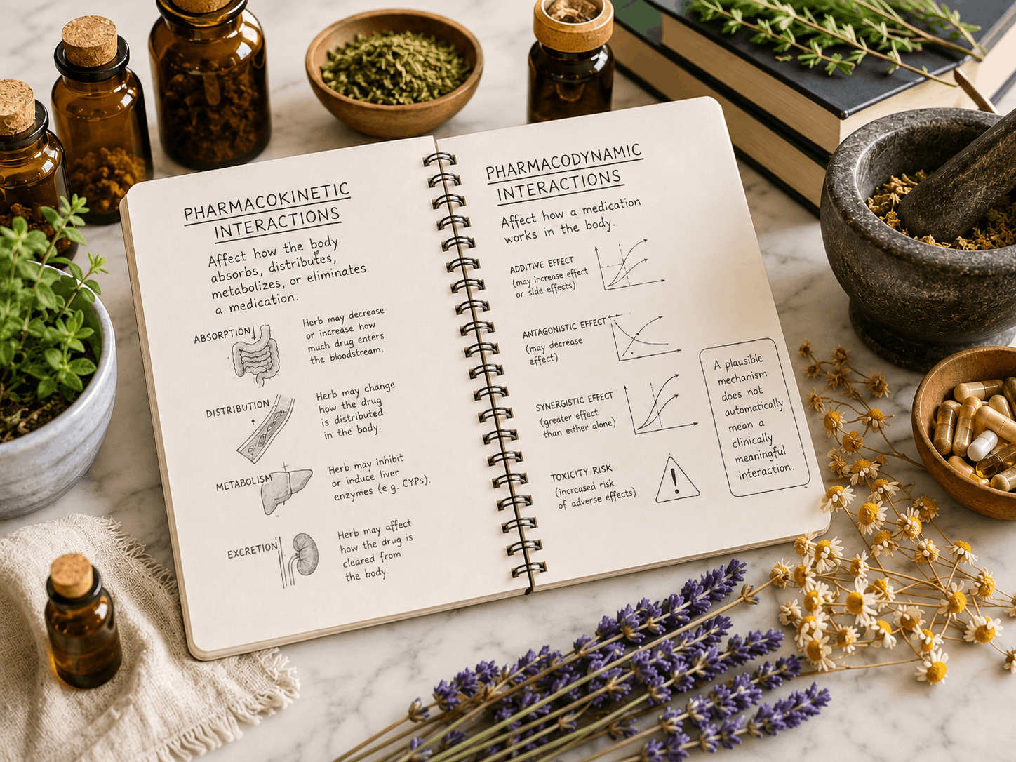 An open notebook comparing pharmacokinetic and pharmacodynamic interactions with hand-drawn diagrams, surrounded by herbs, amber bottles, and a mortar and pestle