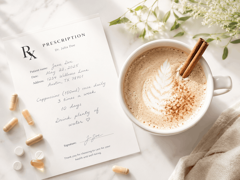 A handwritten prescription-style note beside a spiced latte and herbal capsules on a marble surface
