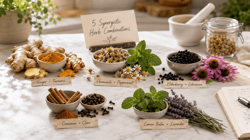 Five labeled synergistic herb combinations — ginger and turmeric, chamomile and peppermint, elderberry and echinacea, cinnamon and clove, lemon balm and lavender — arranged on a marble surface