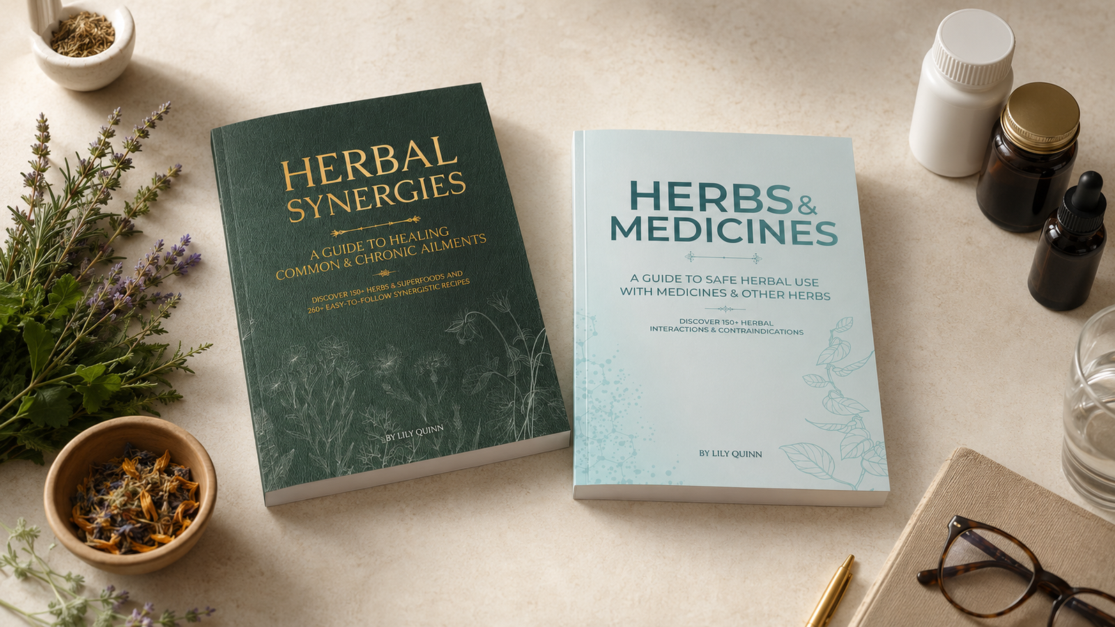 The Herbal Synergies and Herbs & Medicines reference books displayed side by side with herbs, bottles, and a notebook