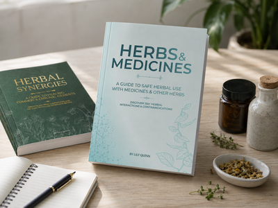 Herbs & Medicines reference book displayed in a calm study setting with a notebook, herbs, and neutral containers.
